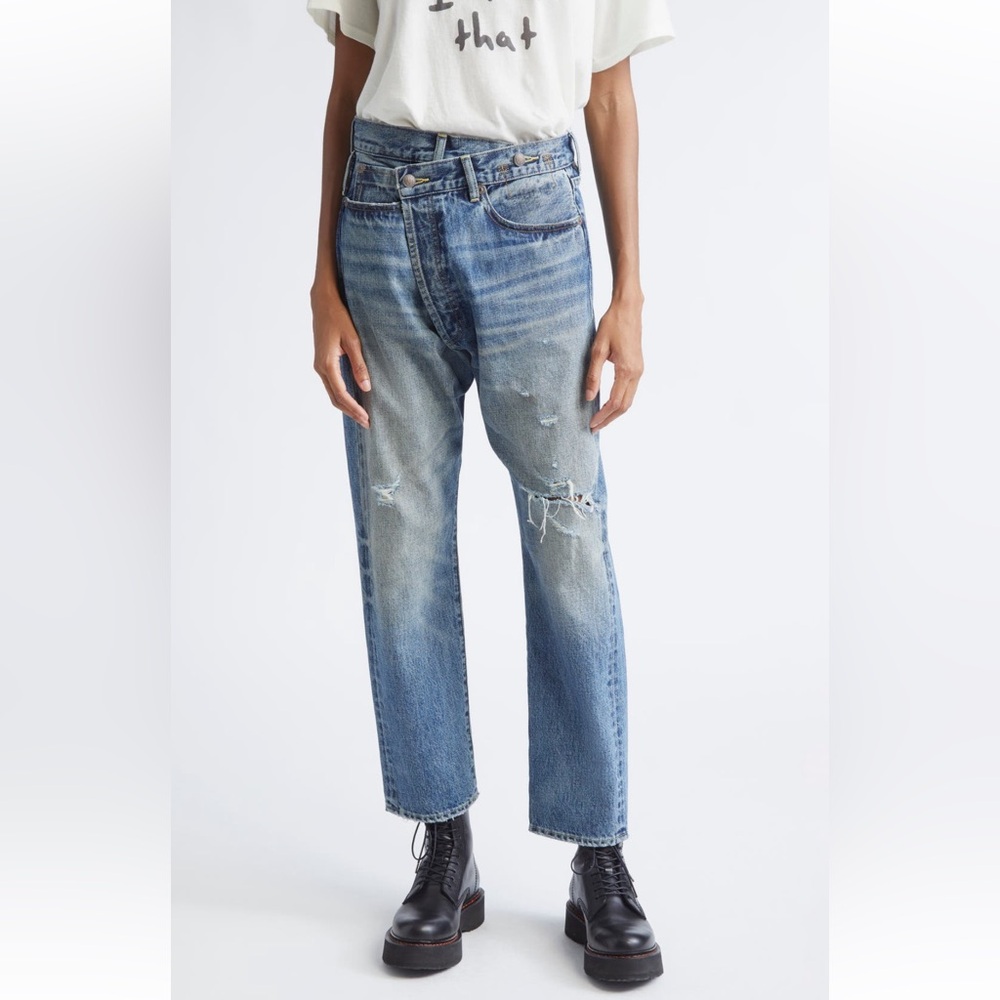 R13 Women's Straight Leg Distressed Jeans in Light Blue Wash